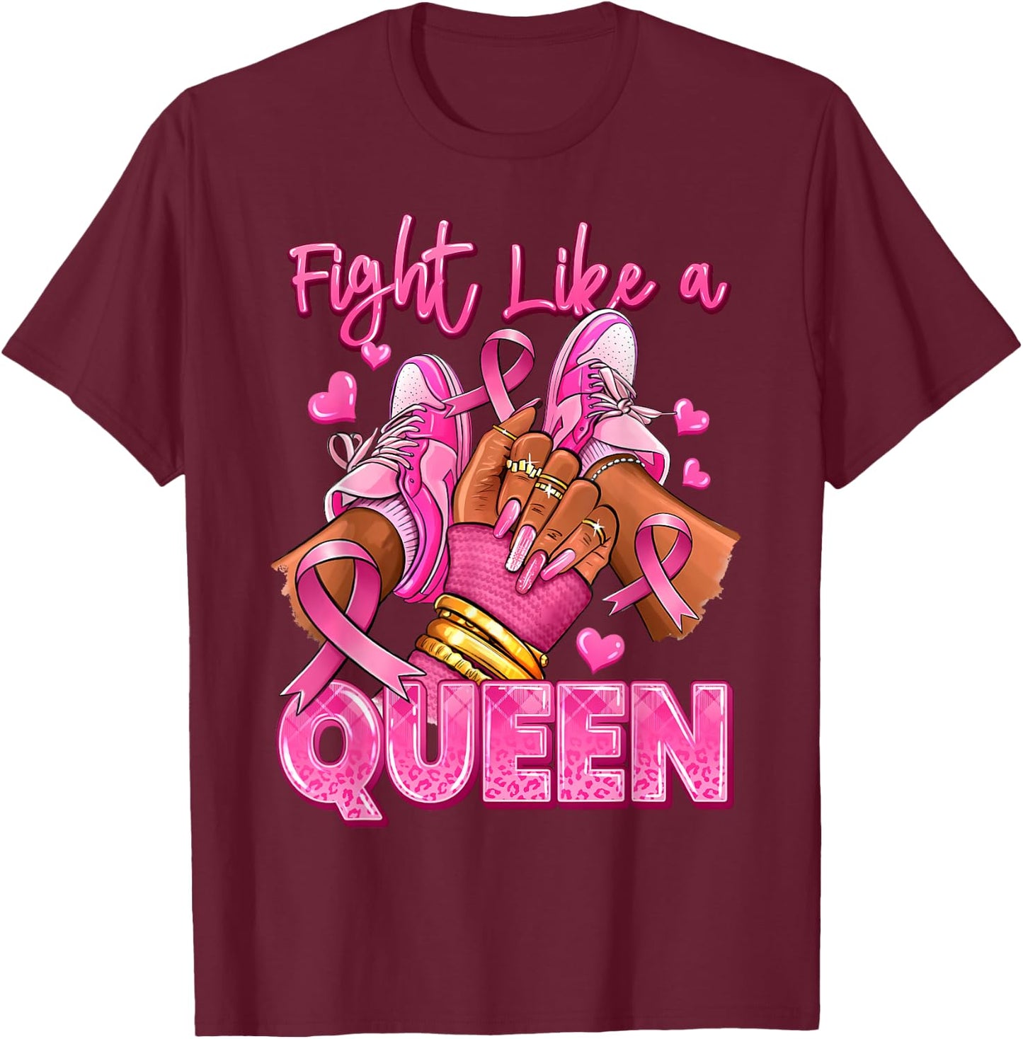 Afro Queen Black Women Breast Cancer Survivor Pink Ribbon T-Shirt - T-Shirt | Maroon