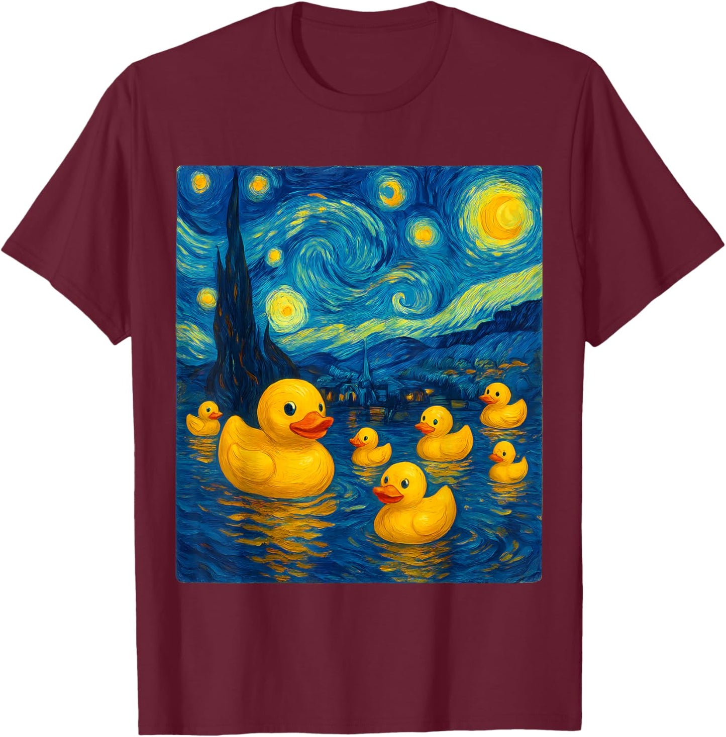 Starry Night Rubber Duckies – Funny Van Gogh Style Art T-Shirt - T-Shirt | Maroon