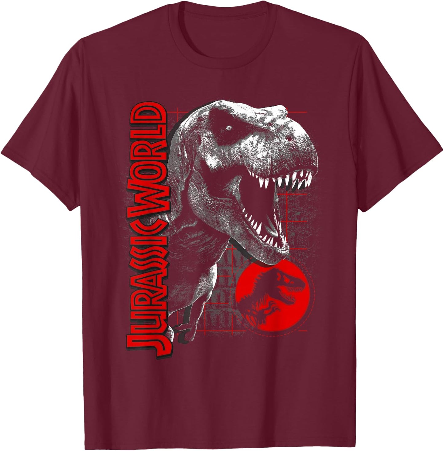 Jurassic World T-Rex Grid Background Logo Graphic T-Shirt - T-Shirt | Maroon