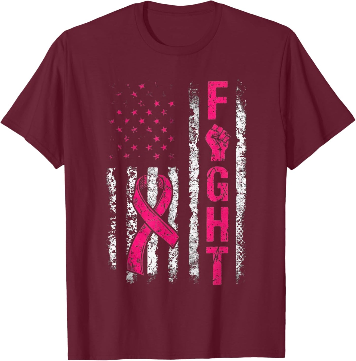 Fight USA Flag Breast Cancer Awareness Patriotic Pink Ribbon T-Shirt - T-Shirt | Maroon