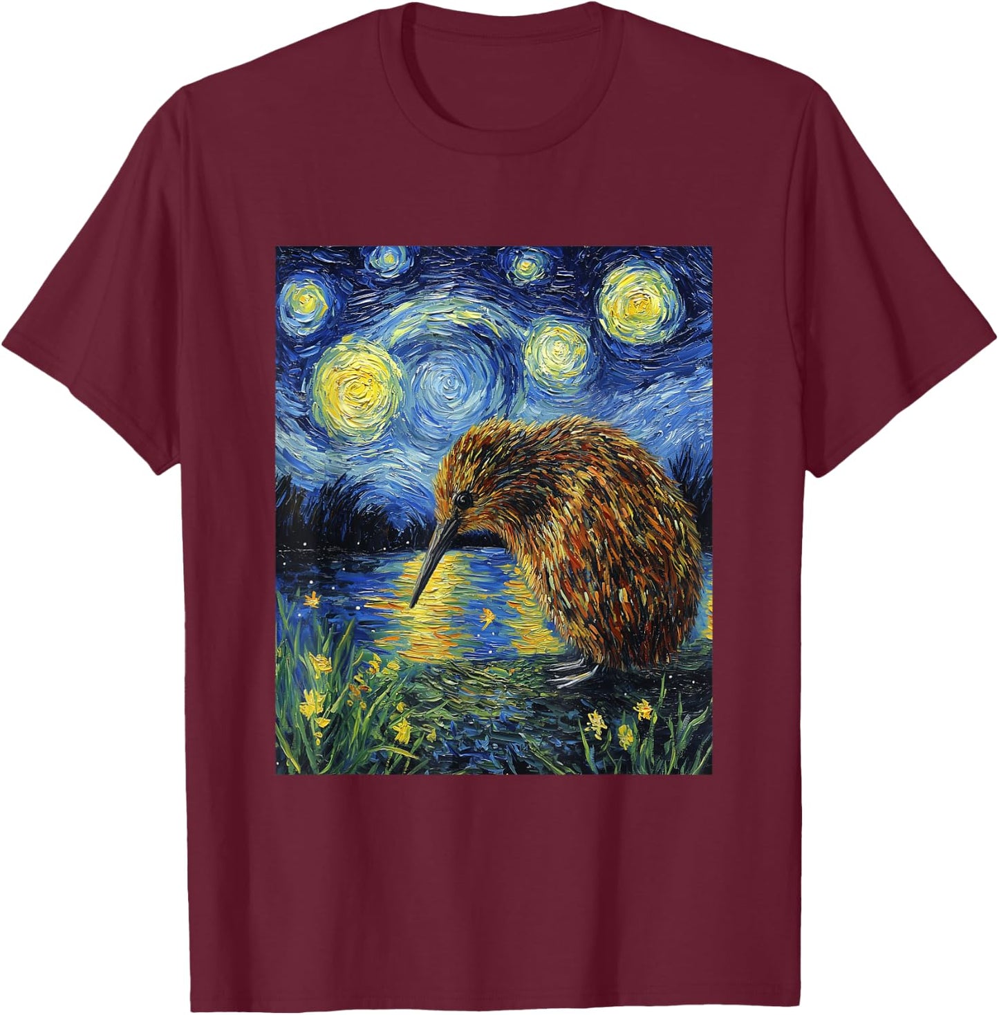 Funny Kiwi Bird - Van Gogh Style - Starry Night Graphic T-Shirt - T-Shirt | Maroon