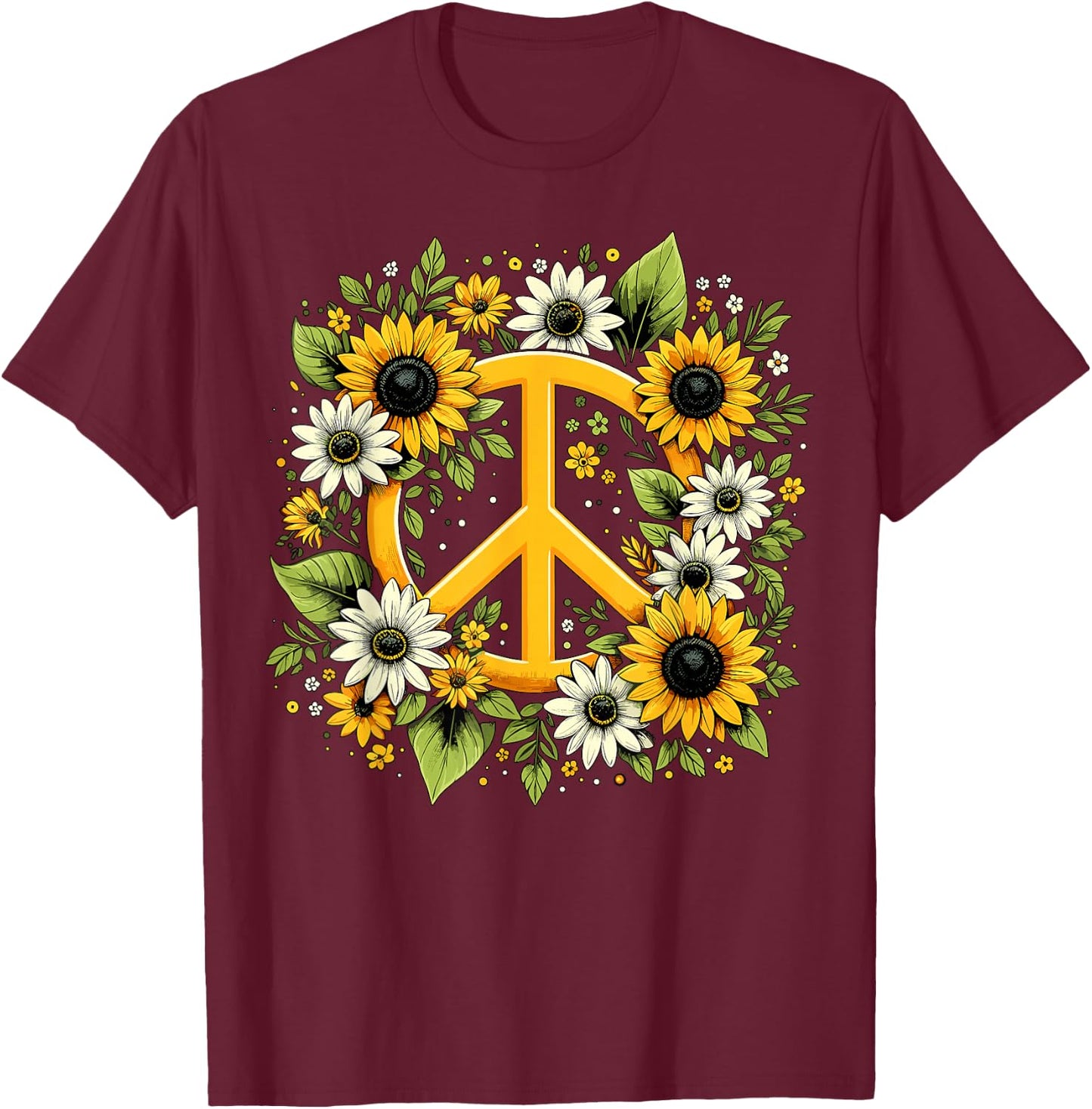 Hippie Peace Sign Flower Sunflower Hippie T-Shirt - T-Shirt | Maroon