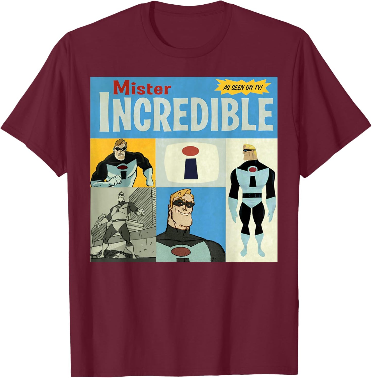 Disney Pixar The Incredibles As Seen On TV Vintage Box Up T-Shirt - T-Shirt | Maroon