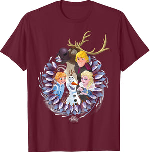 Disney Frozen Christmas Wreath Group Shot Graphic T-Shirt - T-Shirt | Maroon