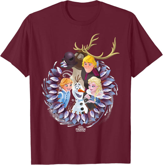 Disney Frozen Christmas Wreath Group Shot Graphic T-Shirt - T-Shirt | Maroon