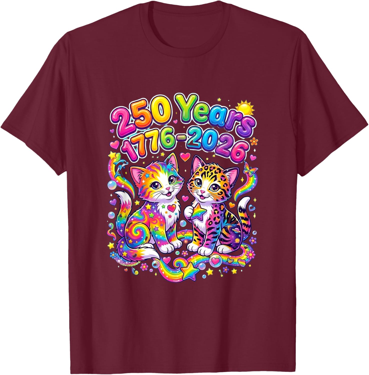 250 Years 250th Anniversary July 4th Cute Cats Rainbow Stars T-Shirt - T-Shirt | Maroon