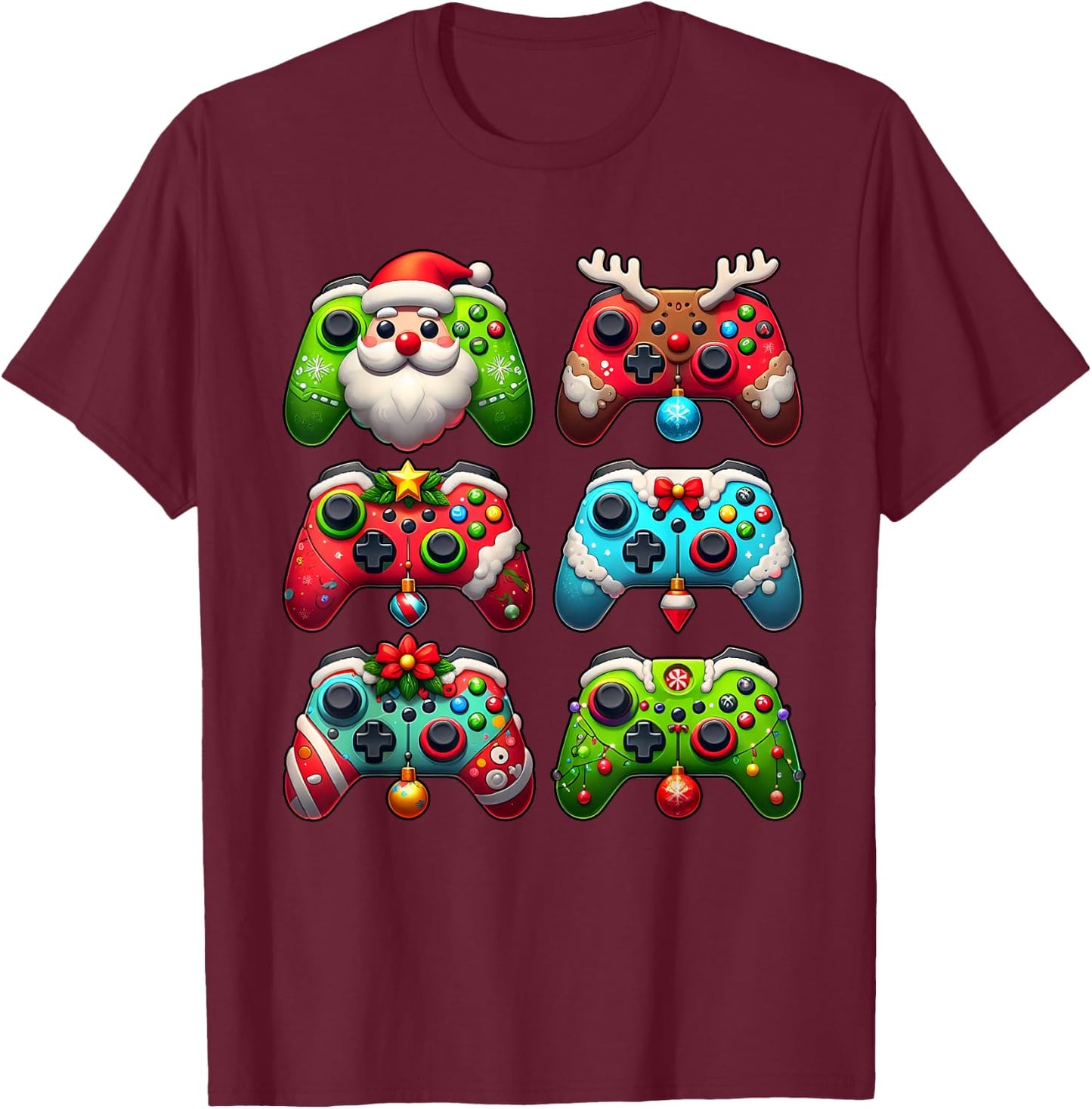Christmas Santa Elf Lights Gaming Controllers Xmas Boys Kids T-Shirt - T-Shirt | Maroon