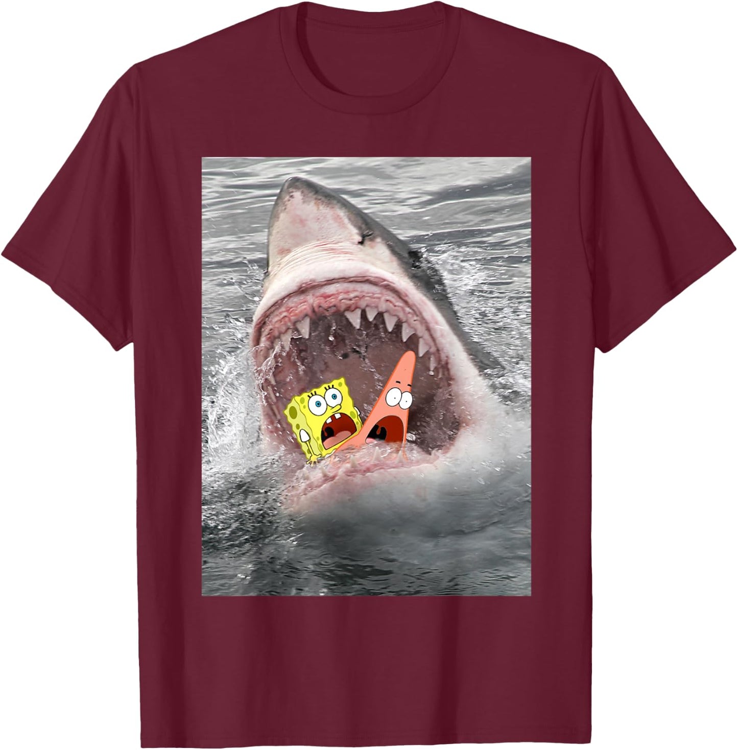 Spongebob SquarePants Shark Attack Humorous T-Shirt - T-Shirt | Maroon
