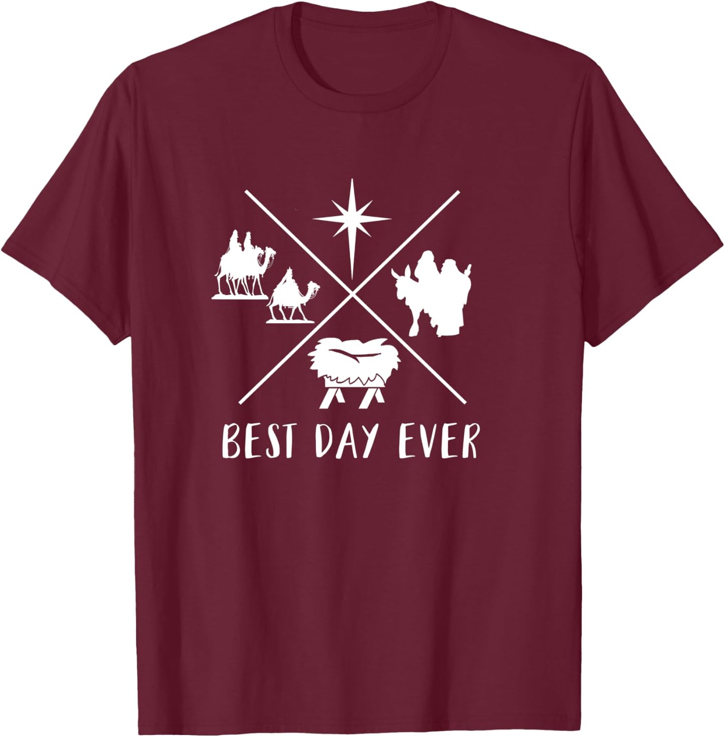 Modern Nativity Scene Best Day Ever Christmas T-Shirt - T-Shirt | Maroon