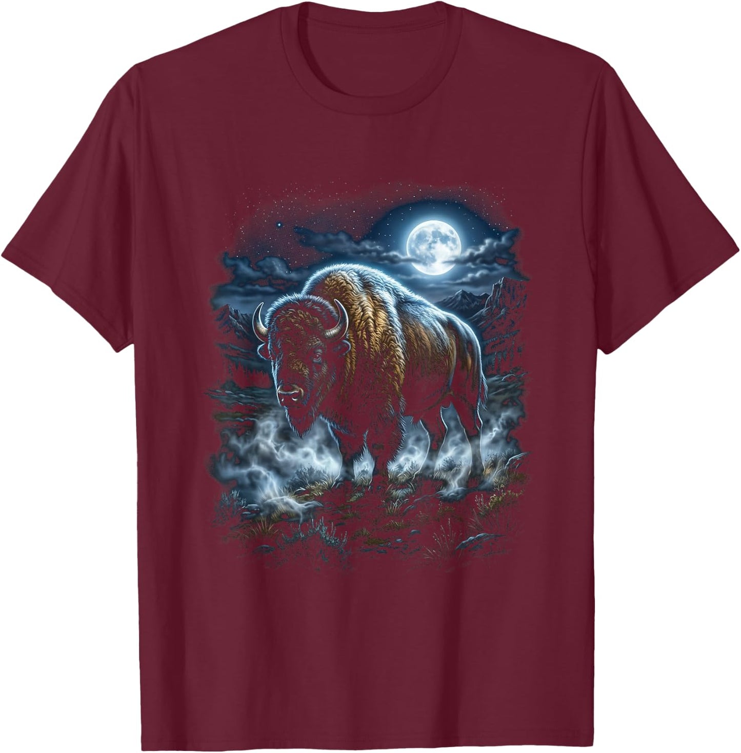 Retro Bison Moonlight American Buffalo T-Shirt - T-Shirt | Maroon