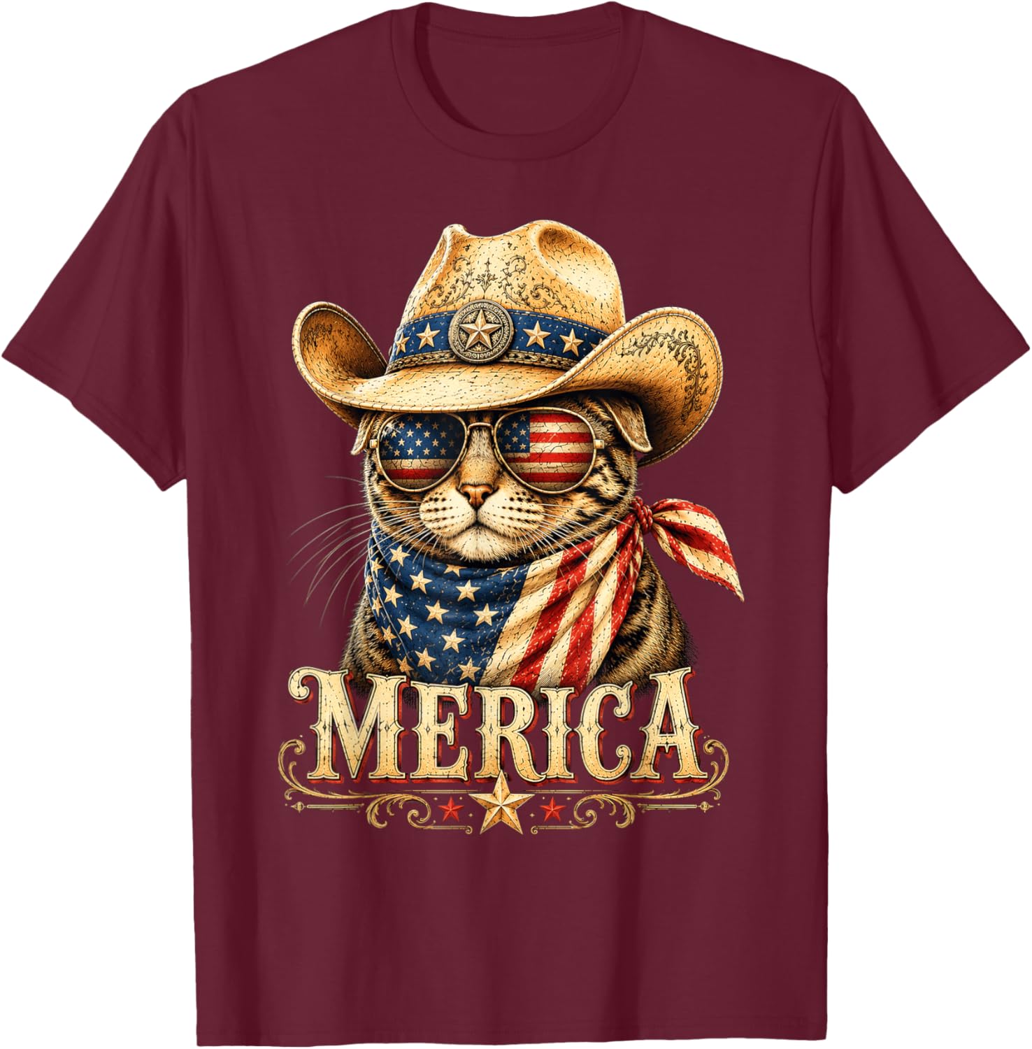 Merica Patriotic Cowboy Cat American Flag Vintage T-Shirt - T-Shirt | Maroon