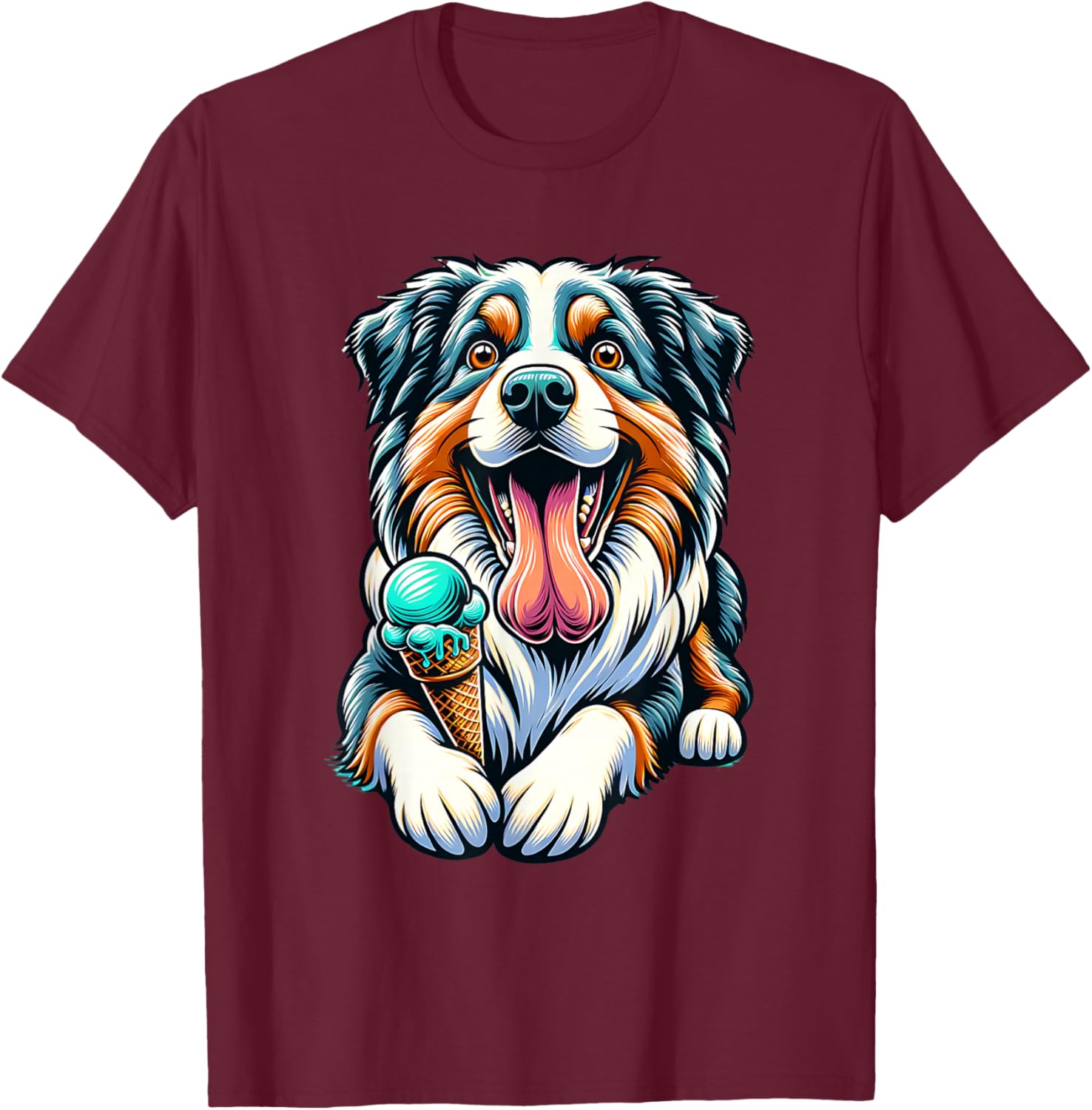 Australian Shepherd Eating Ice Cream Cone Cute Dog T-Shirt - T-Shirt | Maroon