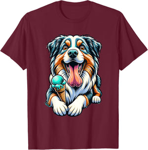 Australian Shepherd Eating Ice Cream Cone Cute Dog T-Shirt - T-Shirt | Maroon