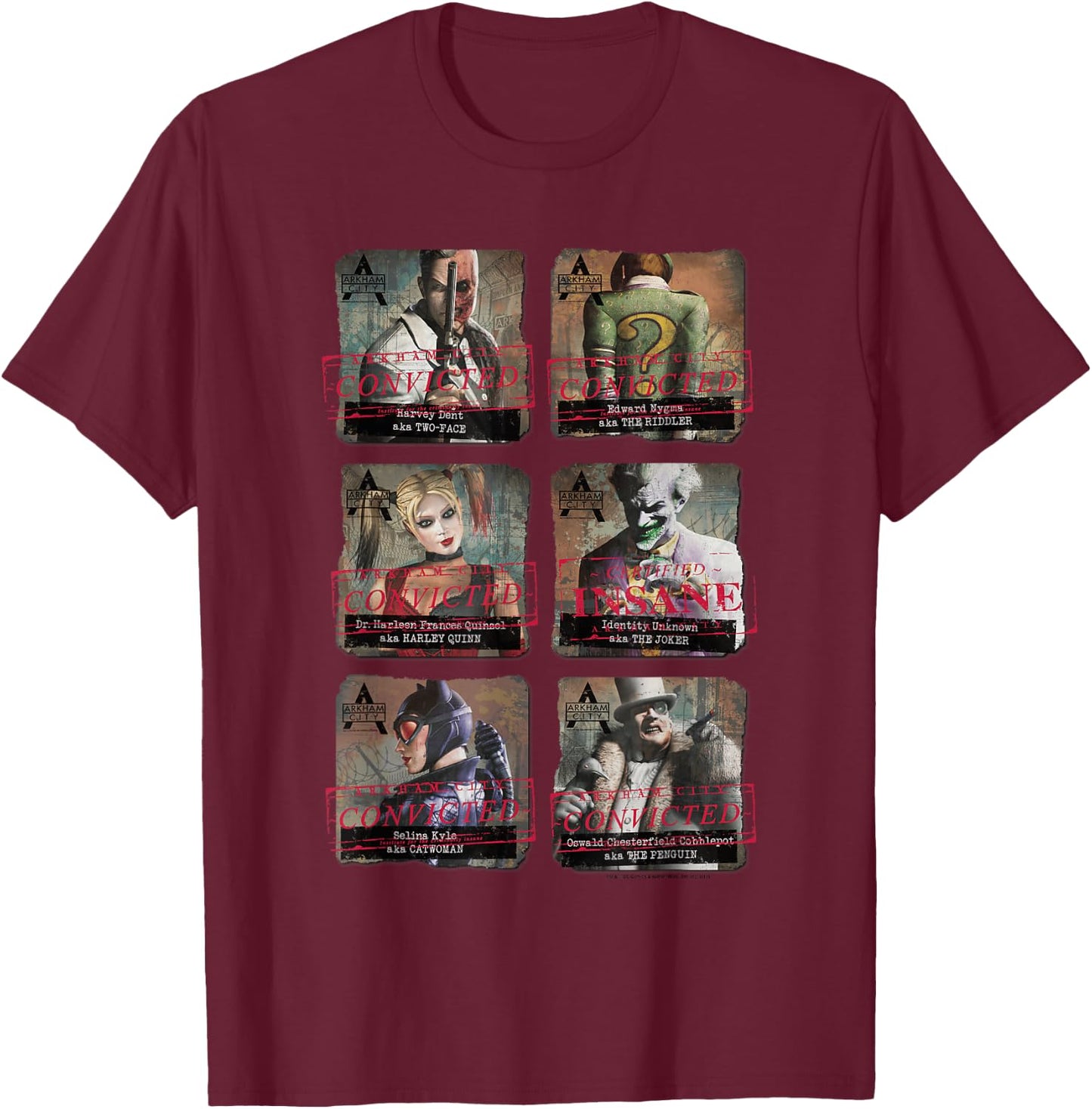 DC Comics Batman Arkham City Arkham Lineup - -Adults, Black, Small T-Shirt - T-Shirt | Maroon