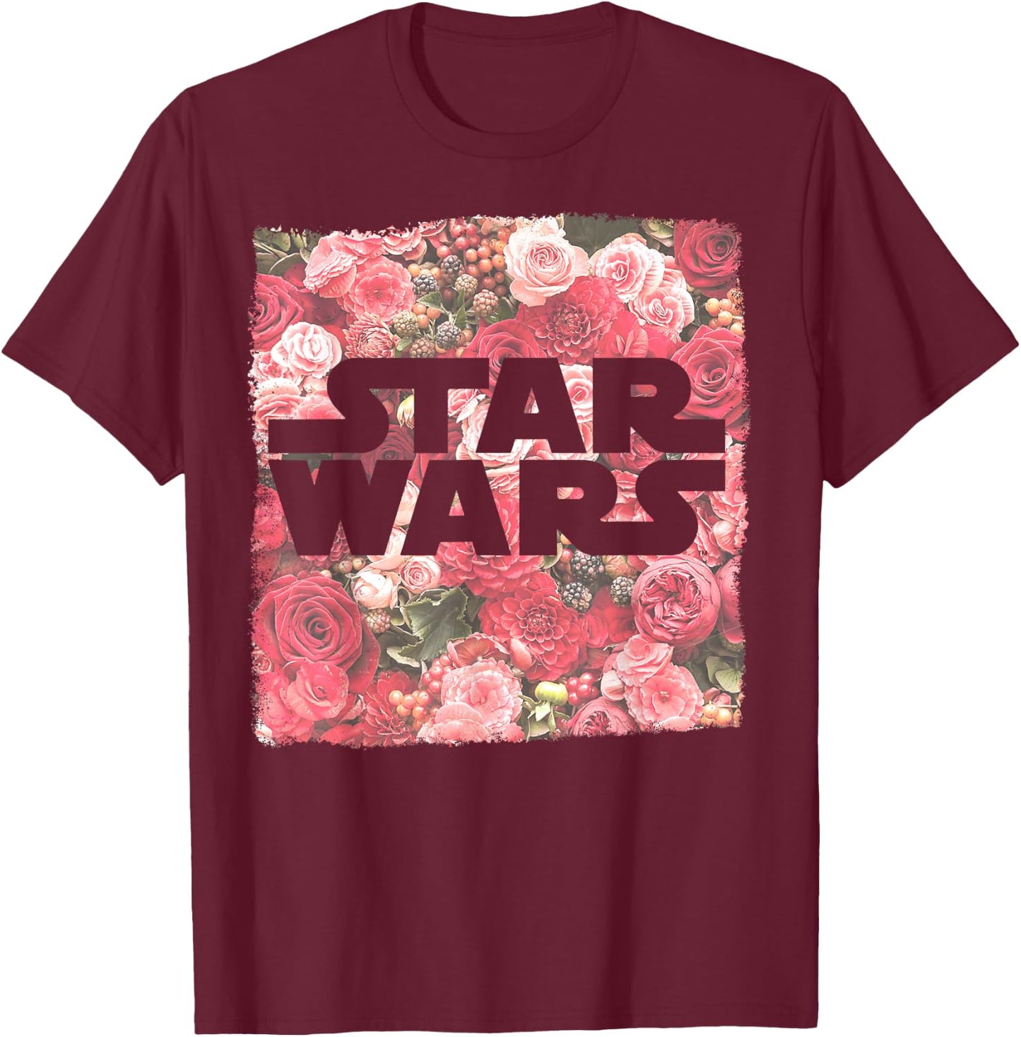 Star Wars Rose Floral Print Logo Fill Pattern T-Shirt - T-Shirt | Maroon