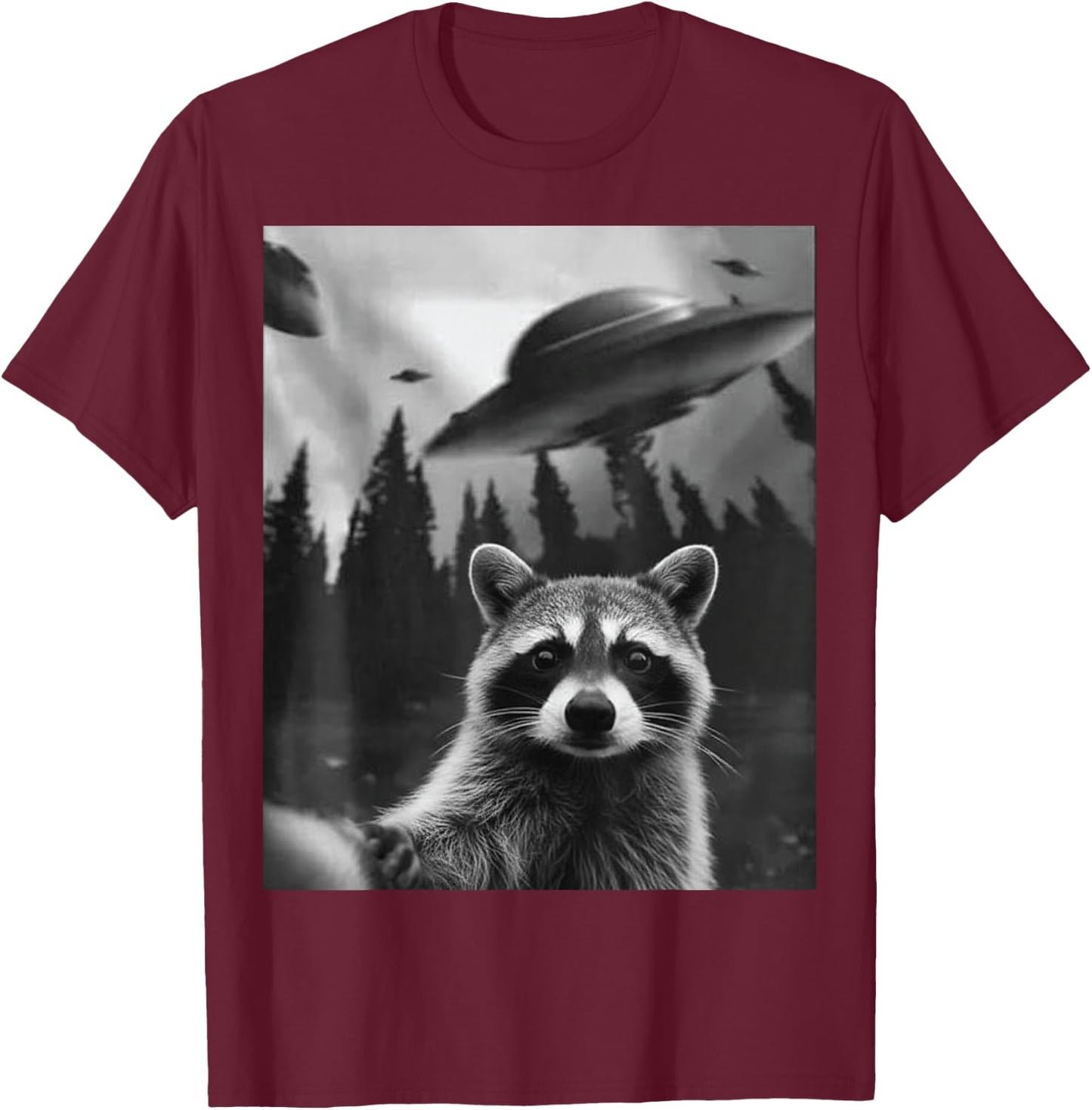 Funny Alien Raccoon UFO Retro Sci Fi Space Humor Men Women T-Shirt - T-Shirt | Maroon