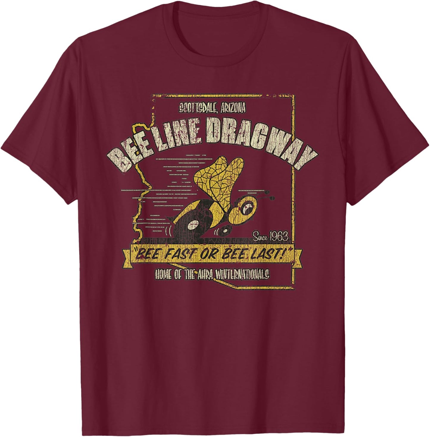 Vintage Bee Dragway Arizona Drag Racing Distressed T-Shirt - T-Shirt | Maroon