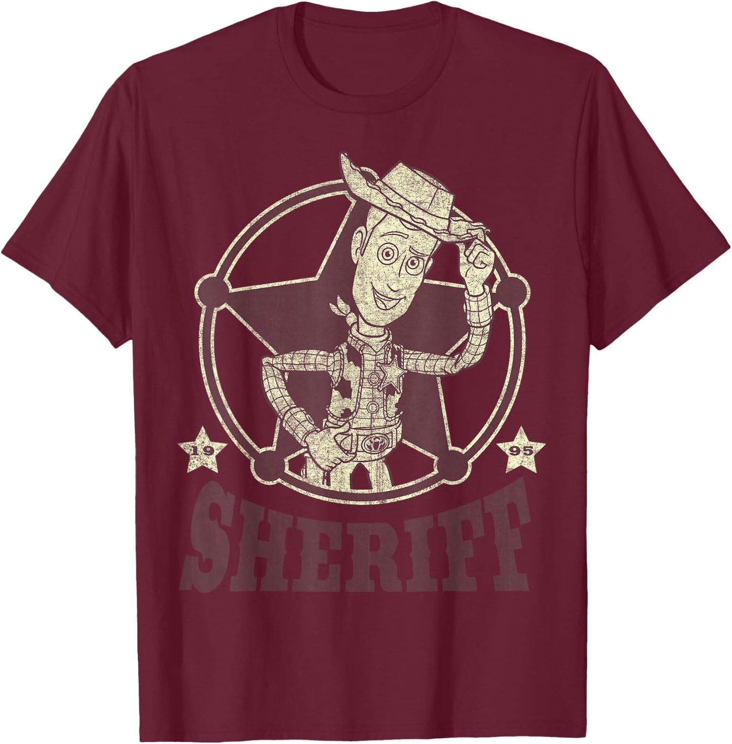 Disney Pixar Toy Story Vintage Retro Woody Sheriff Badge T-Shirt - T-Shirt | Maroon