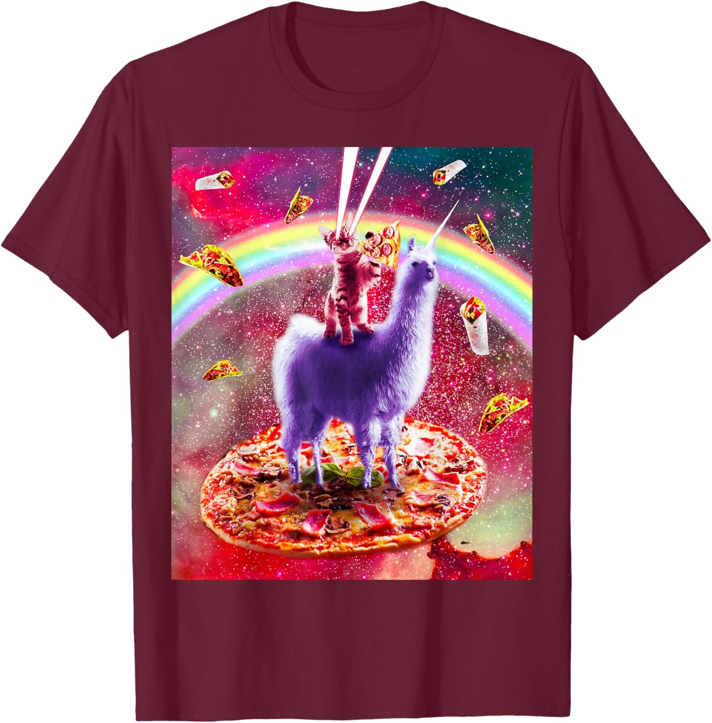Laser Eyes Outer Space Cat Riding On Llama Unicorn T-Shirt - T-Shirt | Maroon