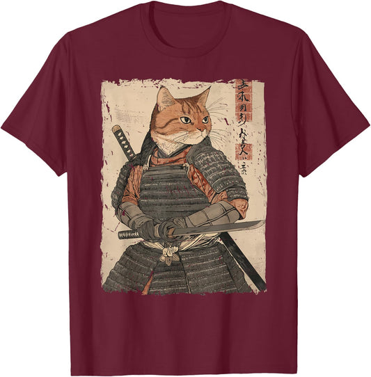 Samurai Cat Warrior Japanese Ukiyo-e Artwork Cat Samurai T-Shirt - T-Shirt | Maroon