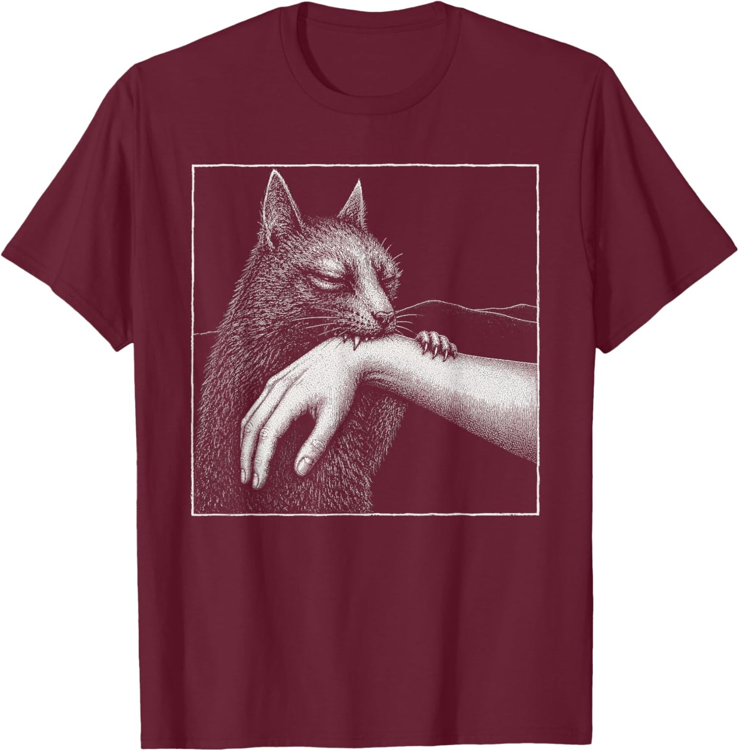 Cat Biting Hand Funny Minimalist Sketch Art T-Shirt - T-Shirt | Maroon