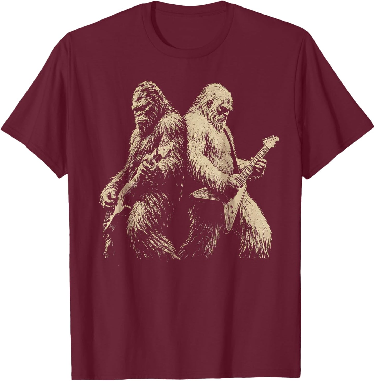 Vintage Bigfoot Playing Guitar with Yeti Rock Music Men T-Shirt - T-Shirt | Maroon