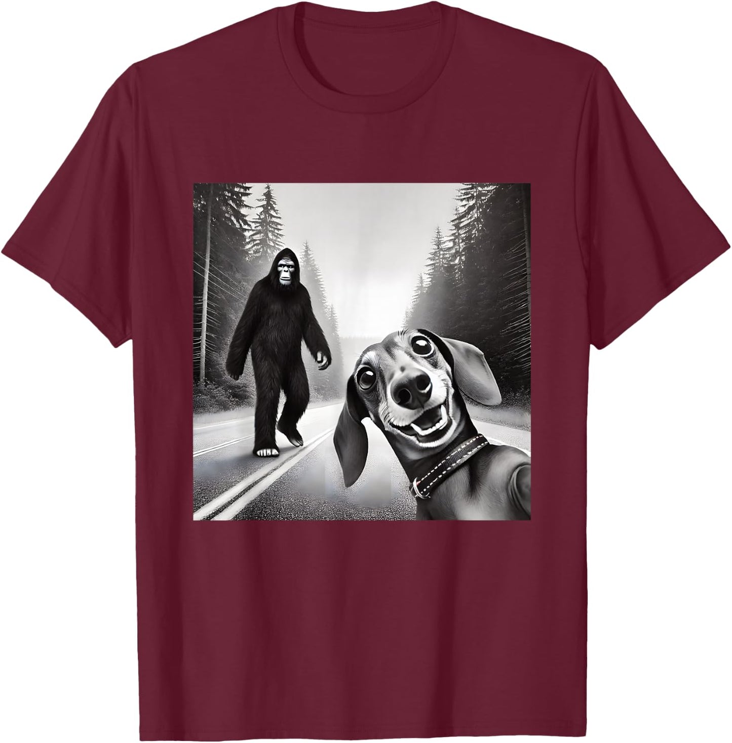 Bigfoot And Dachshund On Road - Black - Small - Short Sleeve T-Shirt - T-Shirt | Maroon