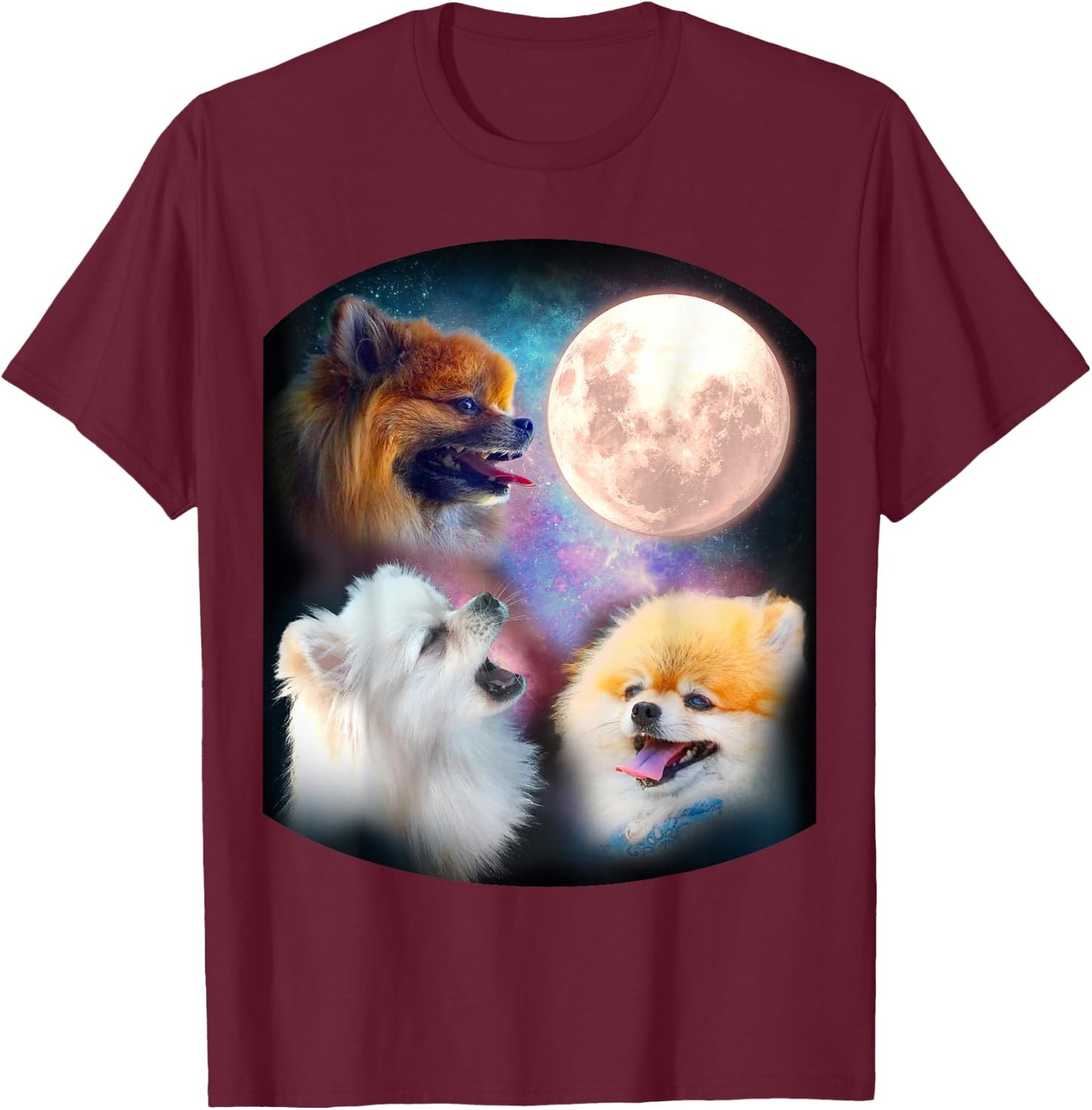 Pomeranian Dog T Shirt - Howling at Moon T-Shirt - T-Shirt | Maroon