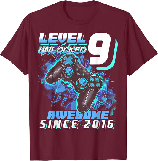 9th Birthday Boy Level 9 Gamer 9 Year Video Game Party T-Shirt - T-Shirt | Maroon