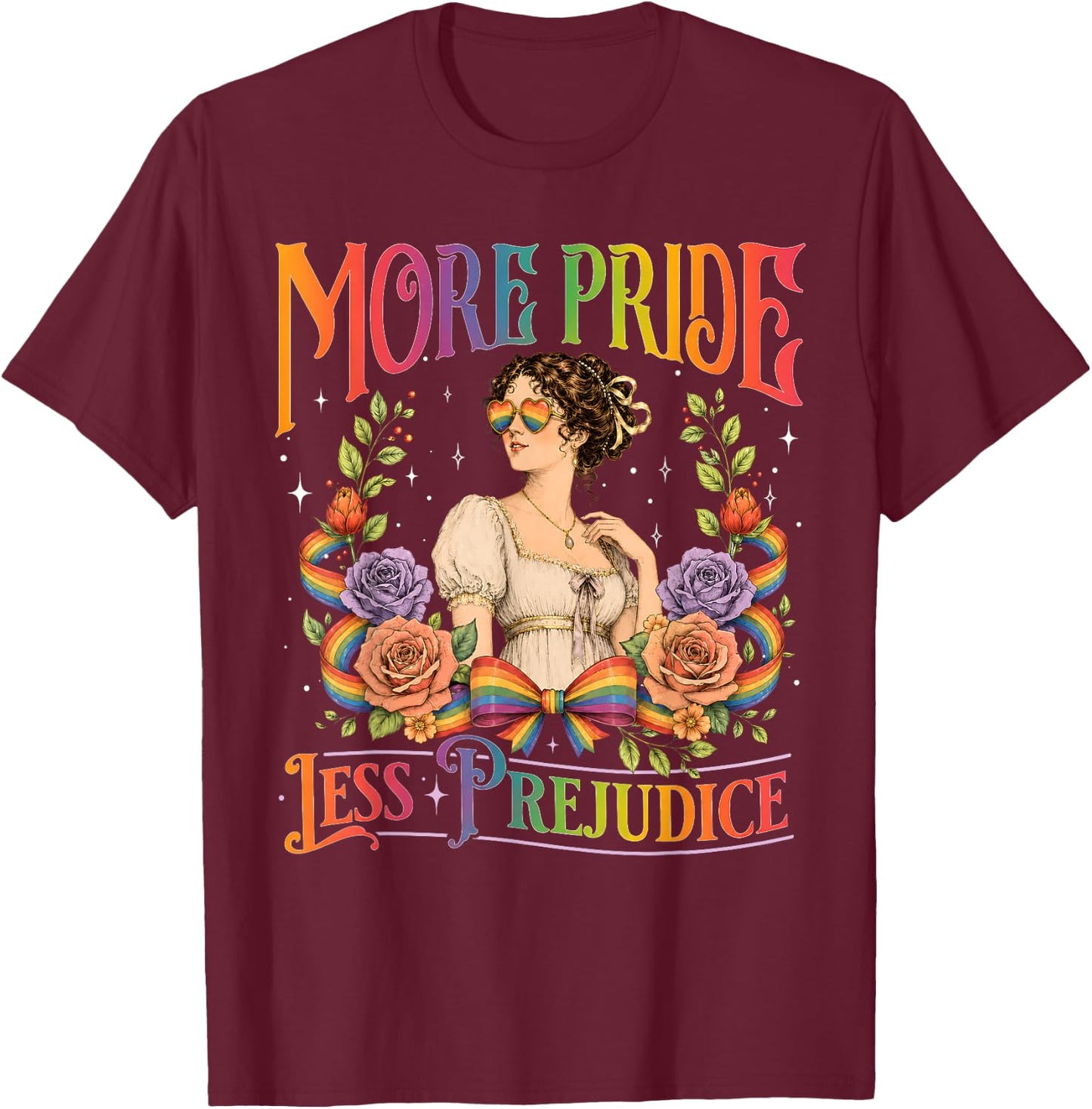 More Pride Less Prejudice Rainbow Vintage Pride Aesthetic T-Shirt - T-Shirt | Maroon