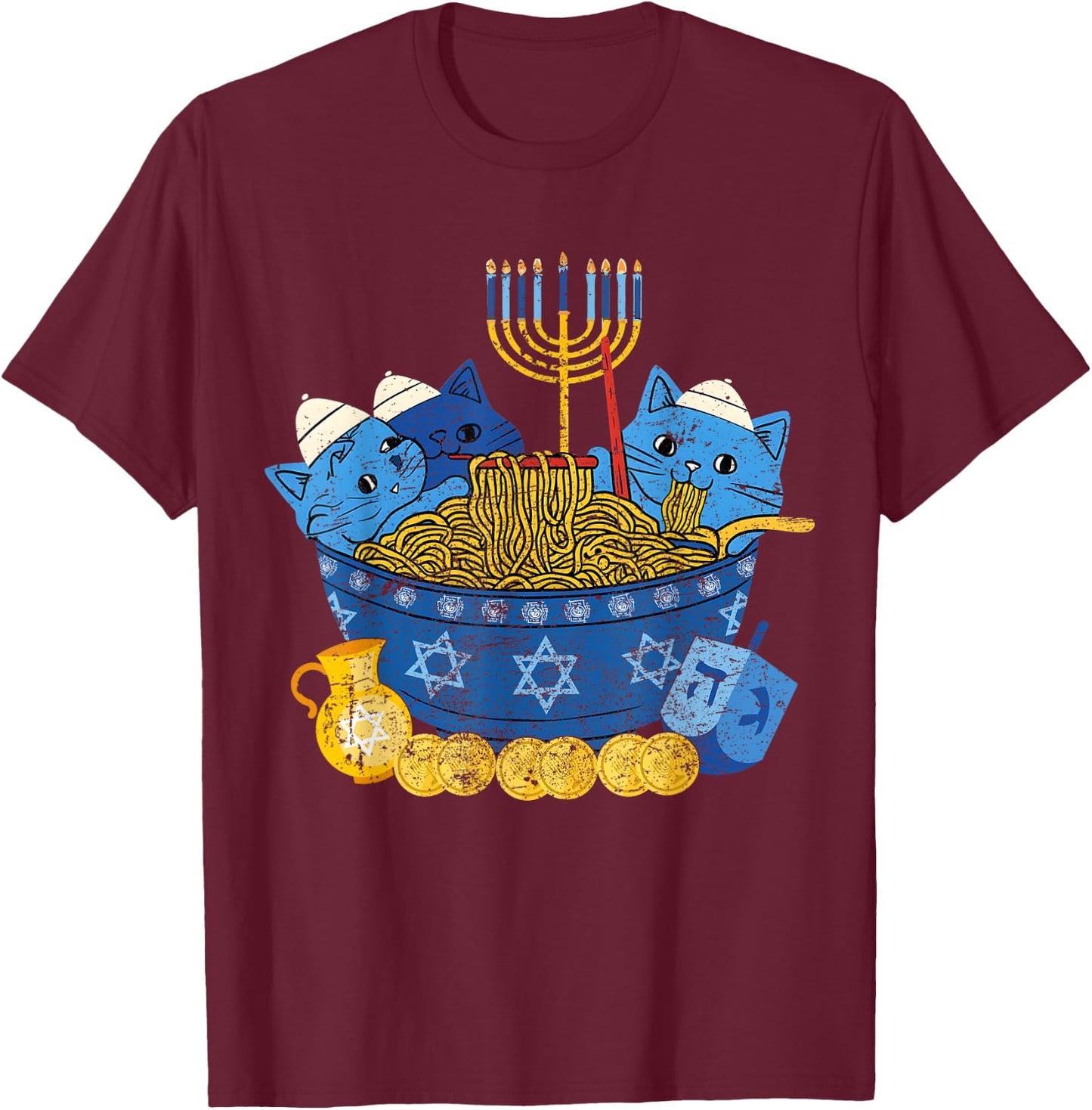 Jewish Cats Ramen Kitten Anime Hanukkah Pajamas Chanukah T-Shirt - T-Shirt | Maroon