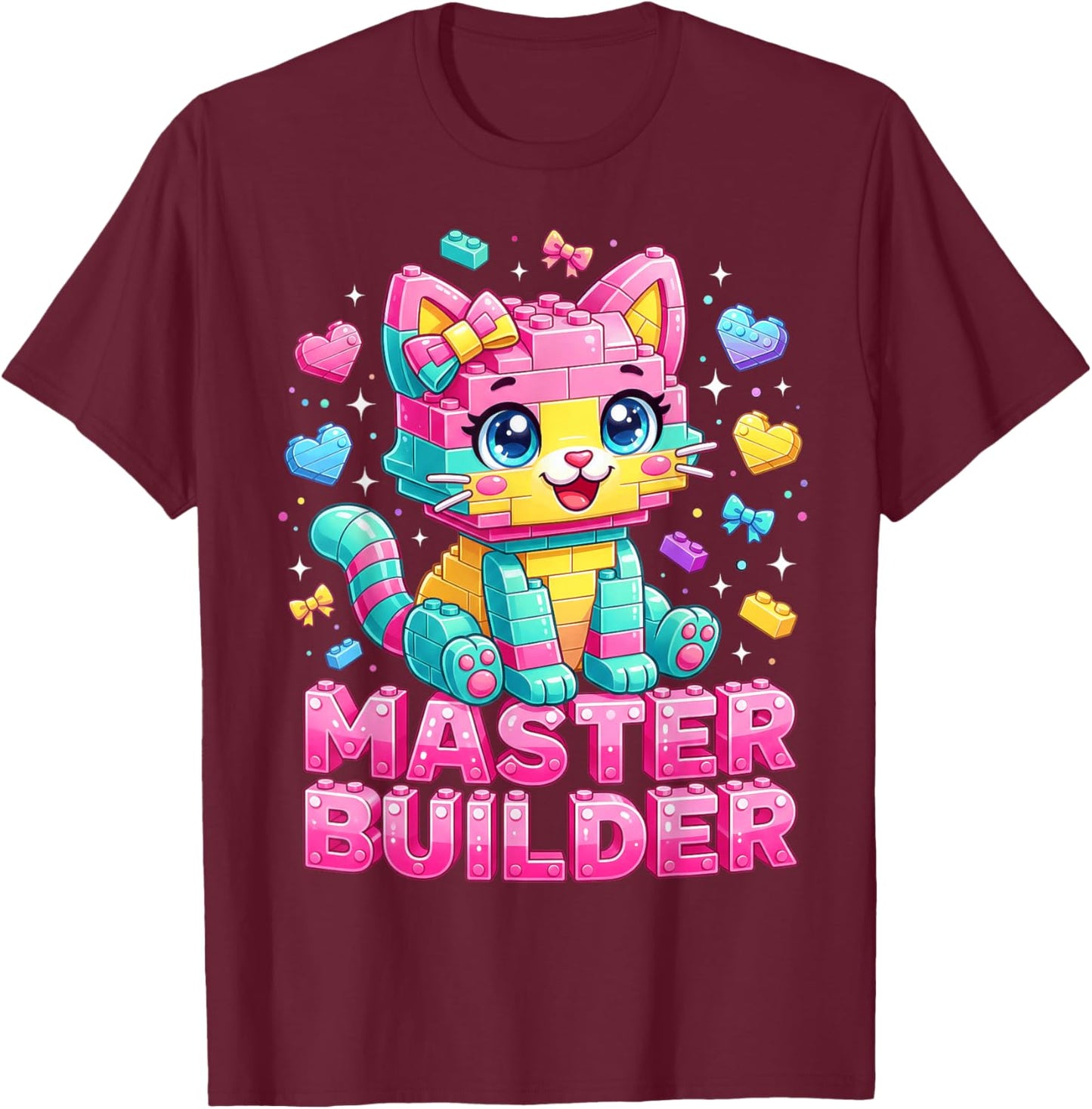 Master Builder Kids Girls Building Bricks Cat Lover Kitten T-Shirt - T-Shirt | Maroon