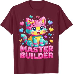 Master Builder Kids Girls Building Bricks Cat Lover Kitten T-Shirt - T-Shirt | Maroon
