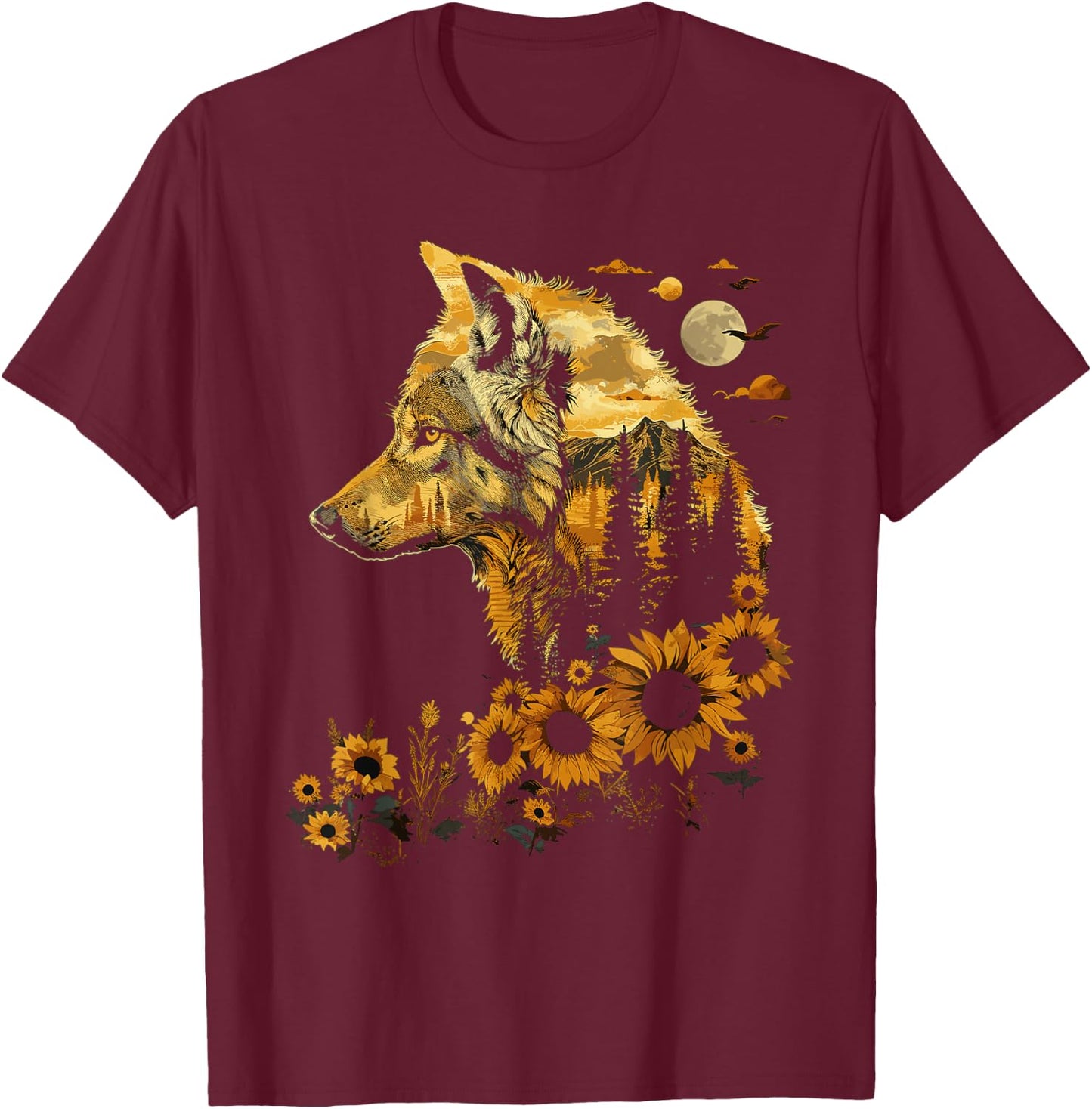 Cute Wolf Floral Sunflower Wolves T-Shirt - T-Shirt | Maroon