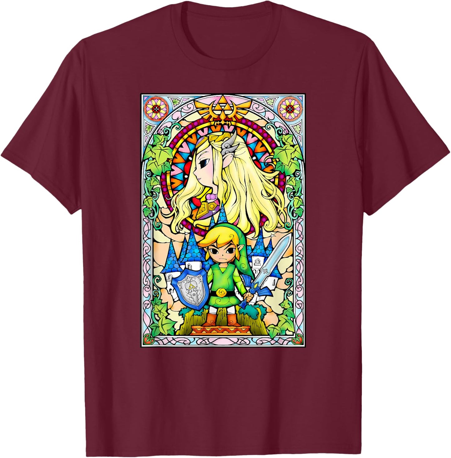 Legend Of Zelda Wind Waker Stained Glass Graphic T-Shirt - T-Shirt | Maroon
