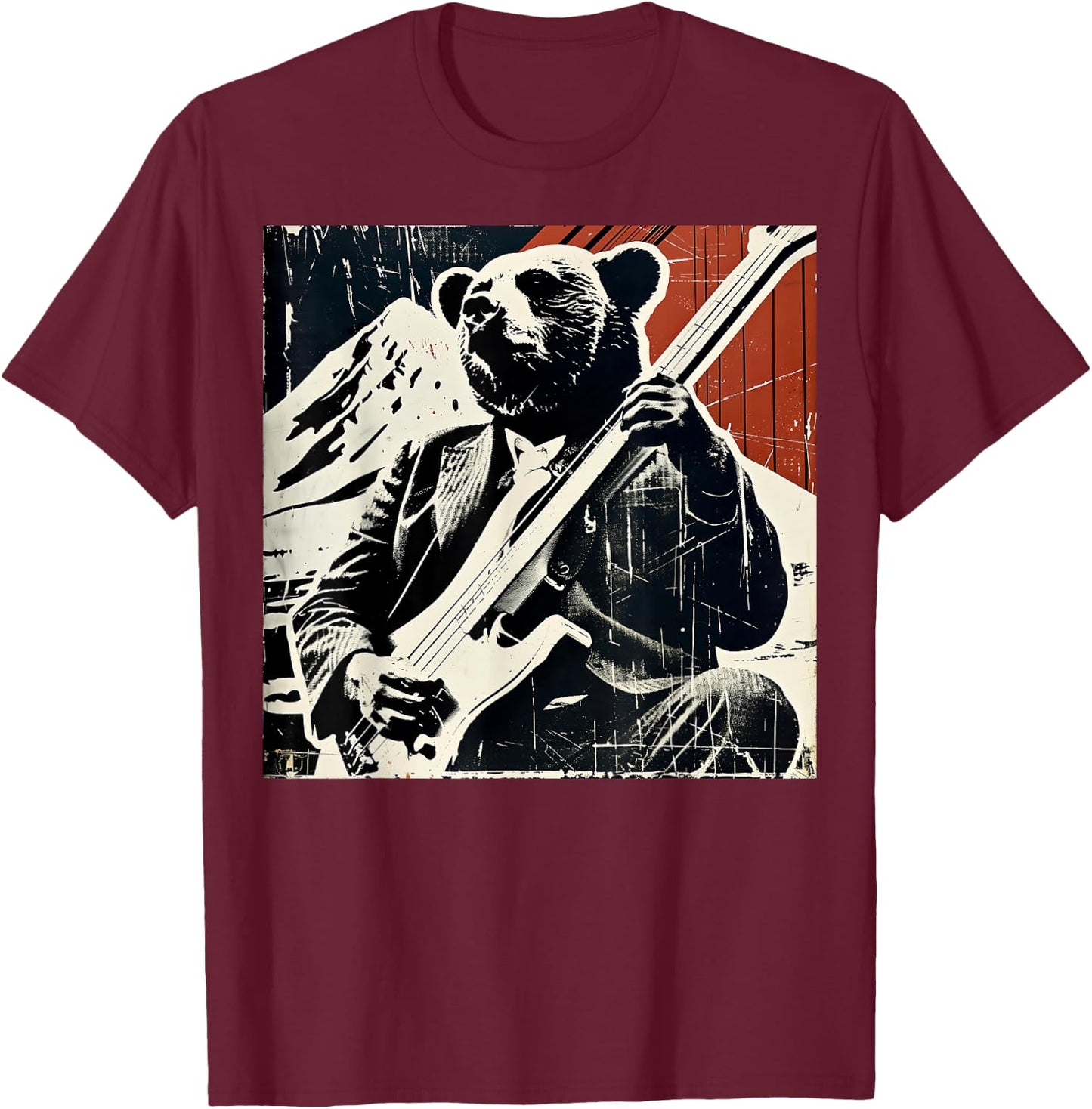 Retro Bear Playing Bass Guitar Music Lovers Guitarist Bear T-Shirt - T-Shirt | Maroon