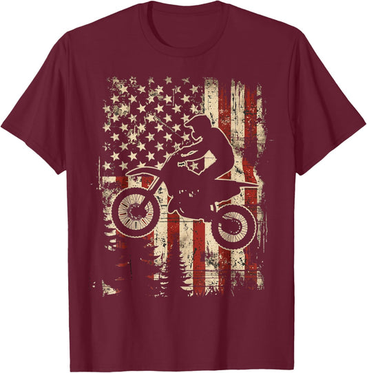 Vintage American Flag Dirt Bike Motocross Patriotic Rider T-Shirt - T-Shirt | Maroon