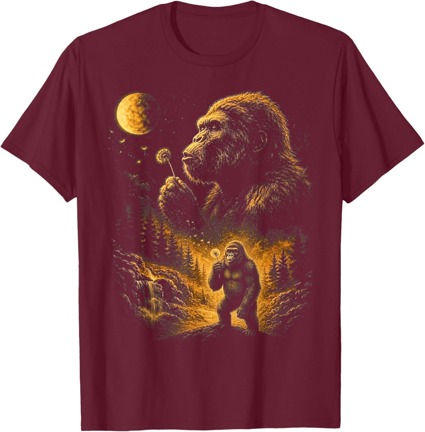 Blowing Wishes Funny Bigfoot Blowing Dandelion Gifts T-Shirt - T-Shirt | Maroon