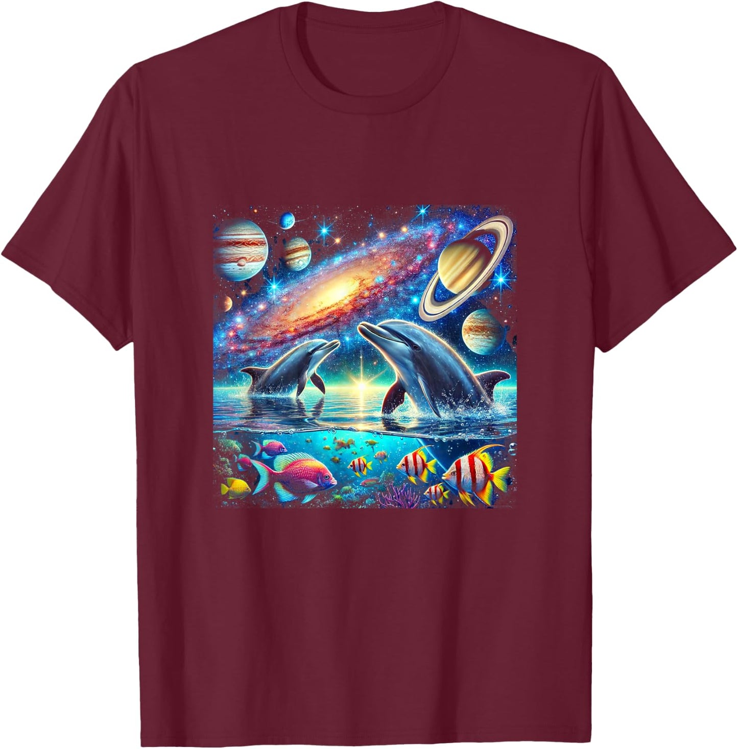 90s Dolphin, Y2k Space Galaxy Dolphins, Colorful Beach T-Shirt - T-Shirt | Maroon