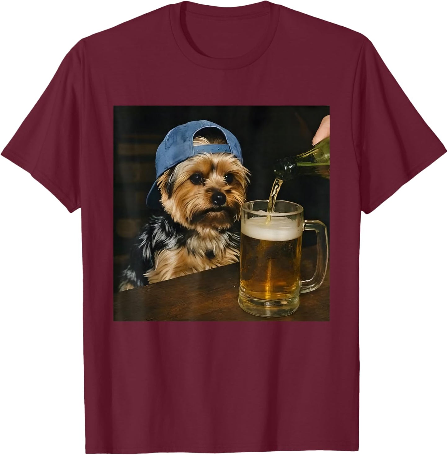 Funny Yorkie Drinking Beer Cute Dog Meme Humor T-Shirt - T-Shirt | Maroon