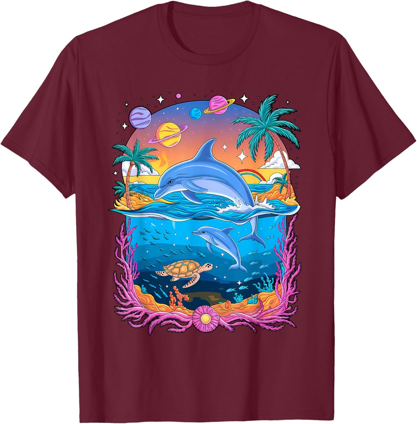 Space Dolphin Galaxy Dolphins Rainbow T-Shirt - T-Shirt | Maroon