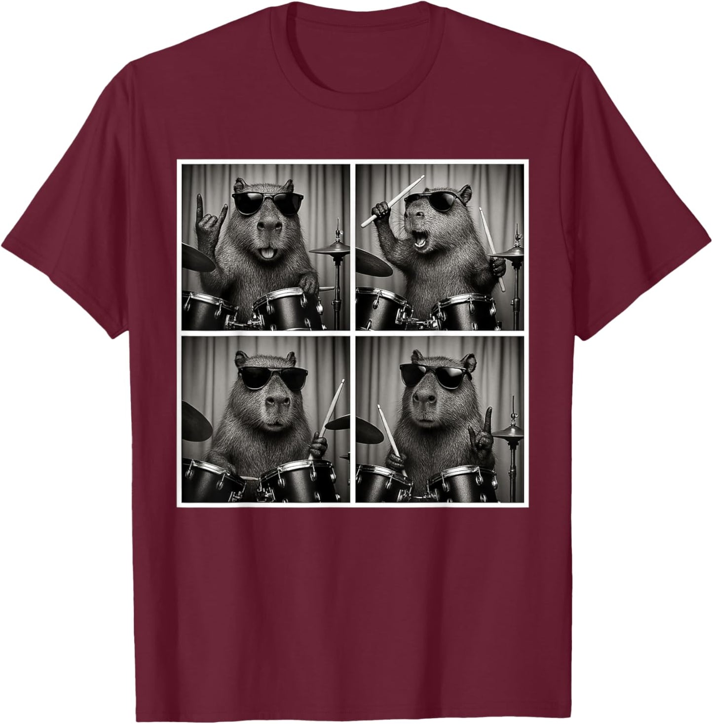 Vintage Capybara Playing Drums Capybara Drummer Photobooth T-Shirt - T-Shirt | Maroon