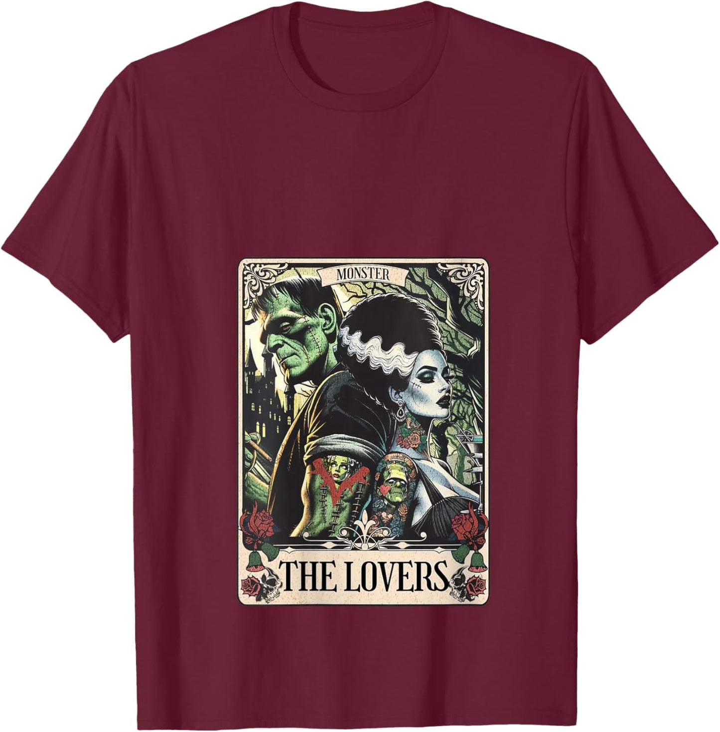 Women's The Monster Frankenstein and Bride The Lovers Tarot Card V-Neck T-Shirt - T-Shirt | Maroon