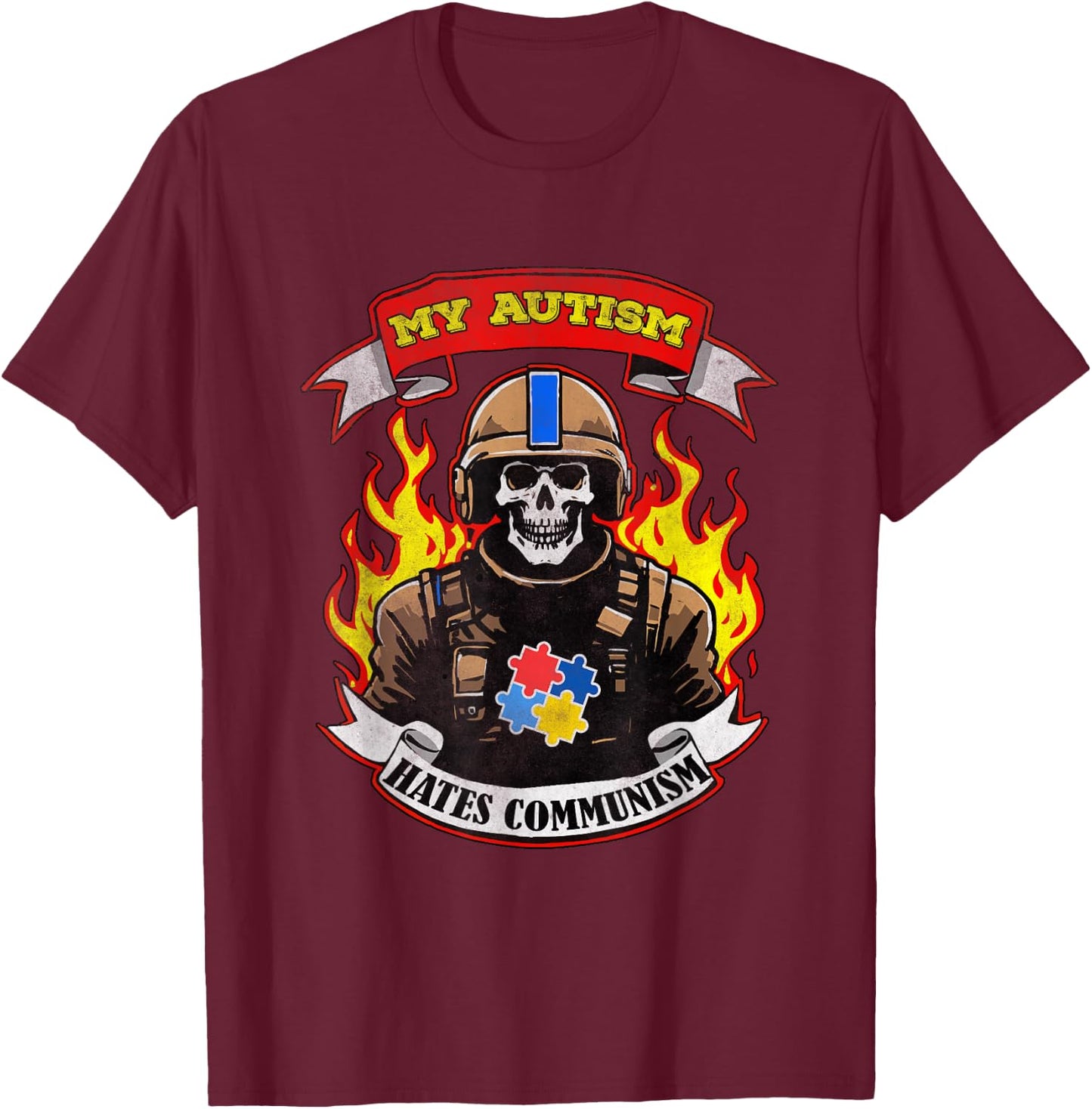 My Autism Hates Communism -Adults Black Cotton 100% Small Modern Classic Letter Print Vacation Autism Awareness T-Shirt - T-Shirt | Maroon