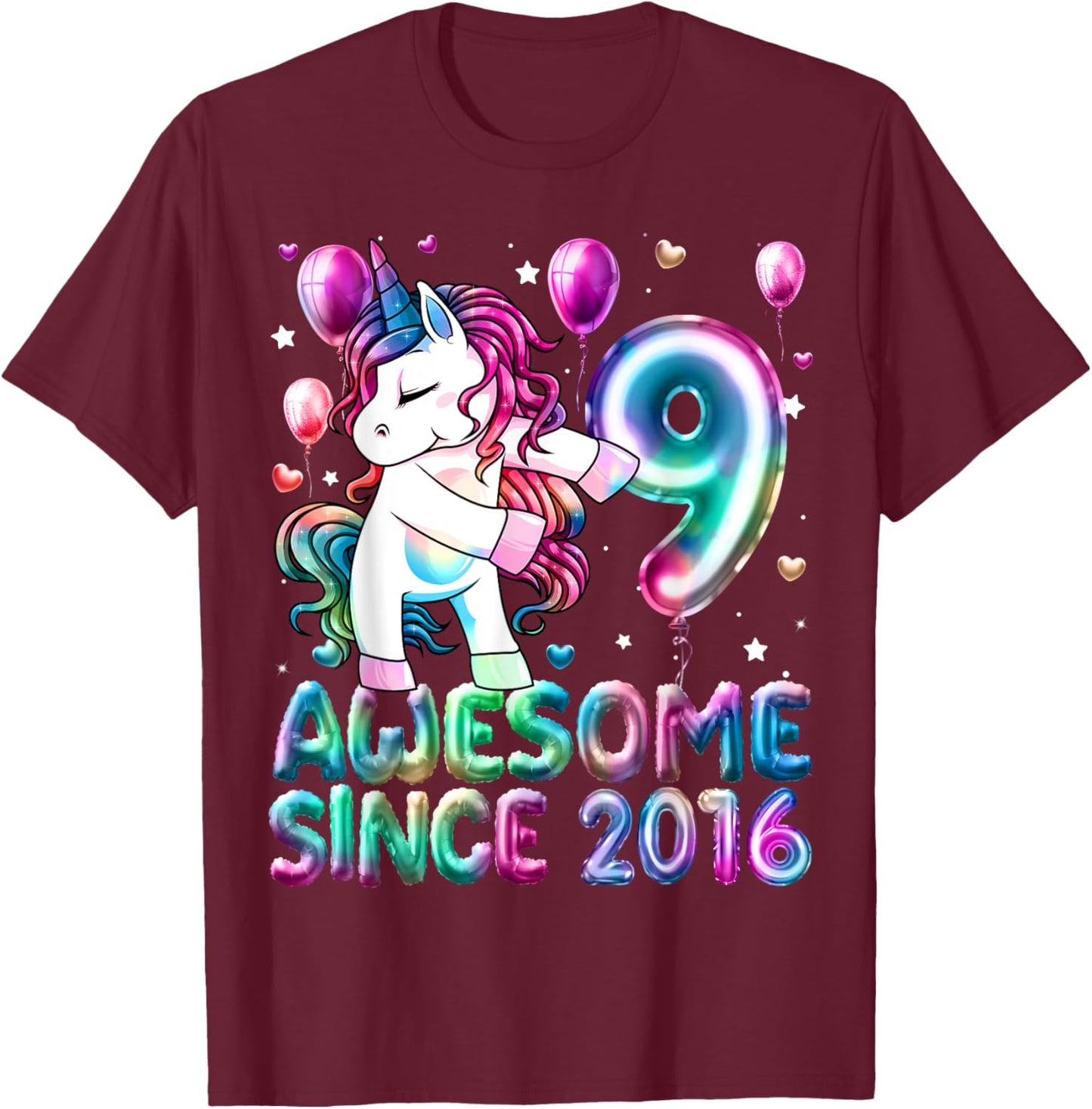 Flossing Unicorn 9 Year Old 9th Birthday Girl Unicorn Party T-Shirt - T-Shirt | Maroon