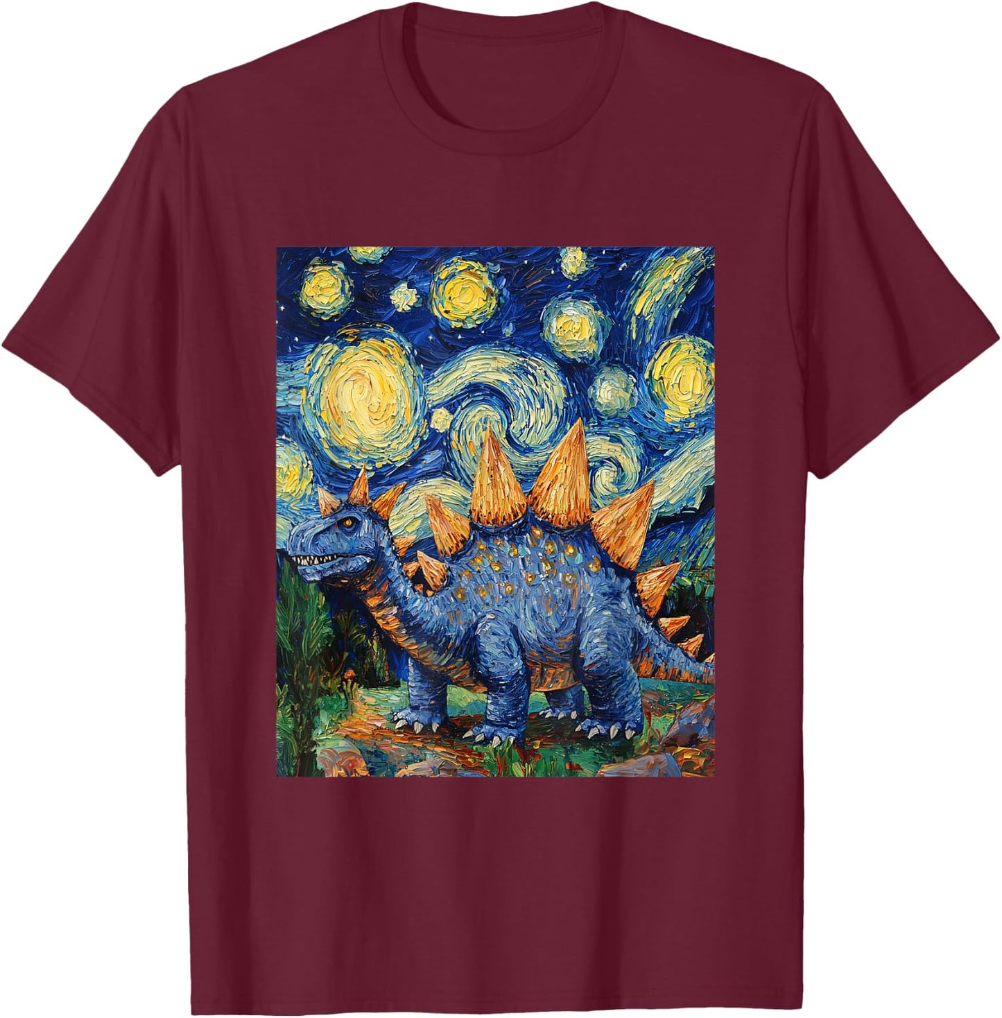 Stegosaurus Dinosaur Dino - Van Gogh Style - Starry Night T-Shirt - T-Shirt | Maroon