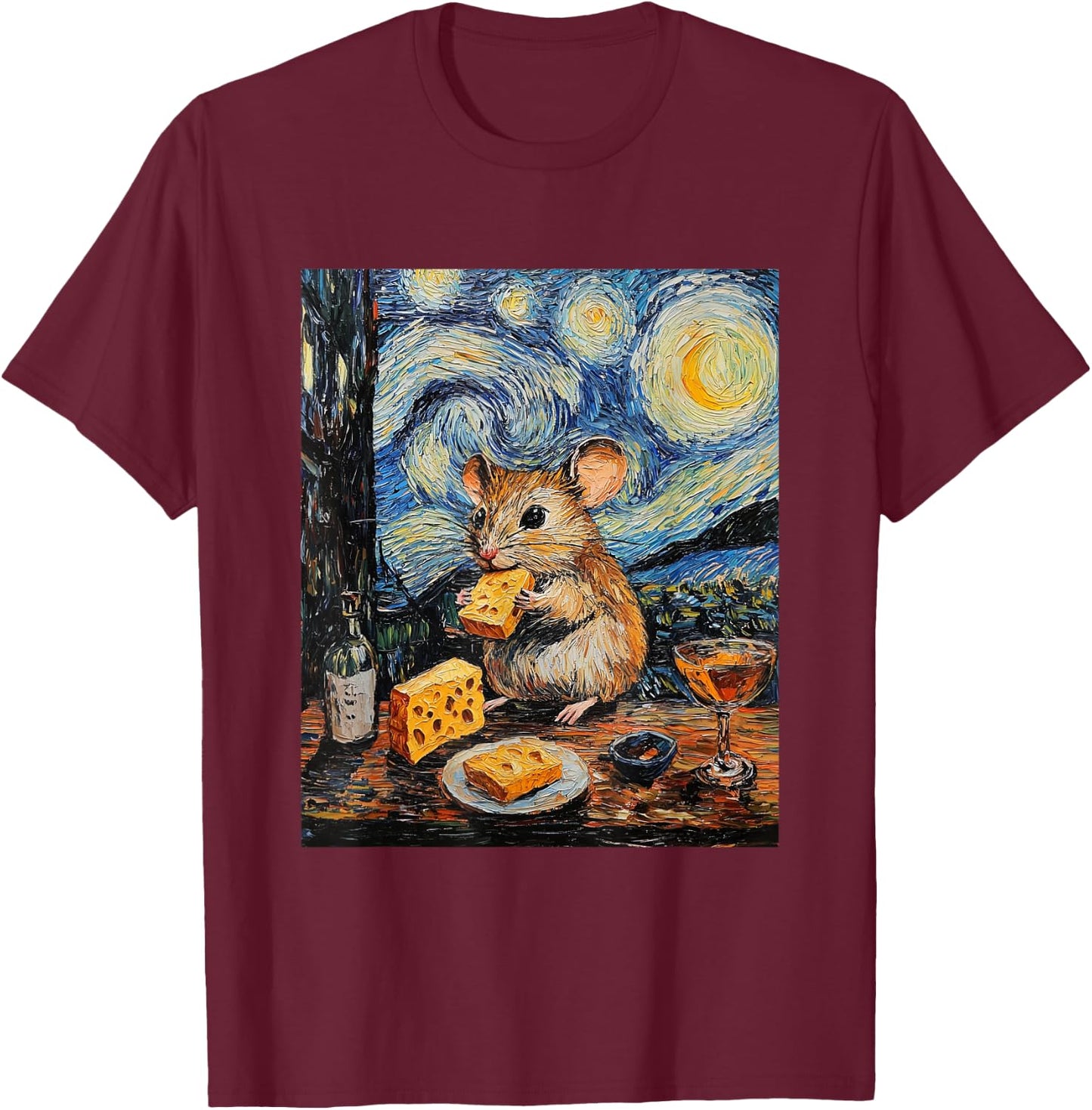 Cute Mouse Rat - Van Gogh Style - Starry Night Graphic T-Shirt - T-Shirt | Maroon