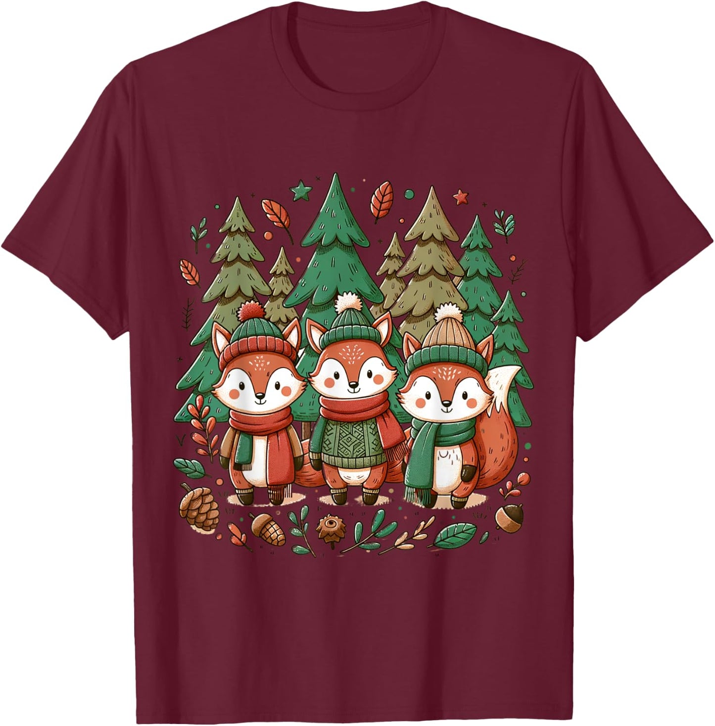 Sustainable Woodland Christmas with Festive Forest Creatures T-Shirt - T-Shirt | Maroon