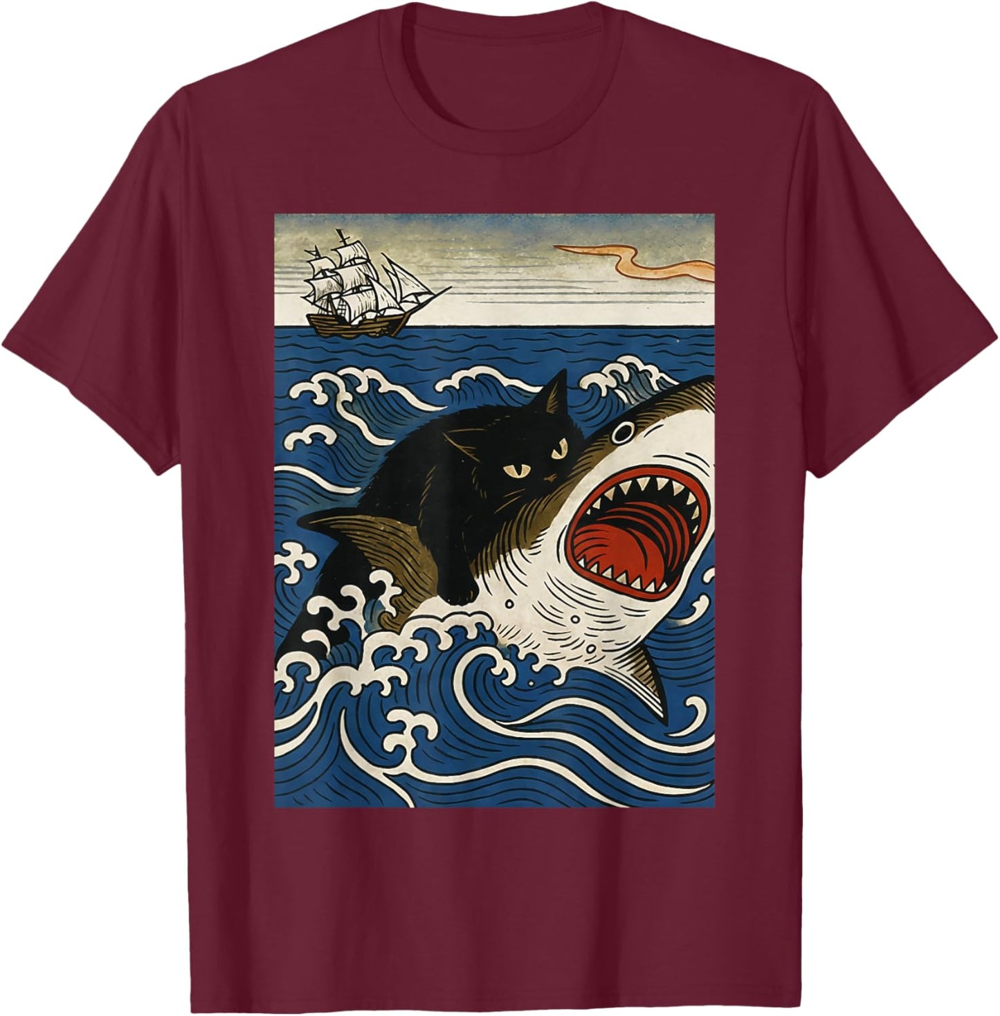 Ukiyo-e Cat Riding Shark Retro Black Cat Shark Rider Ocean T-Shirt - T-Shirt | Maroon