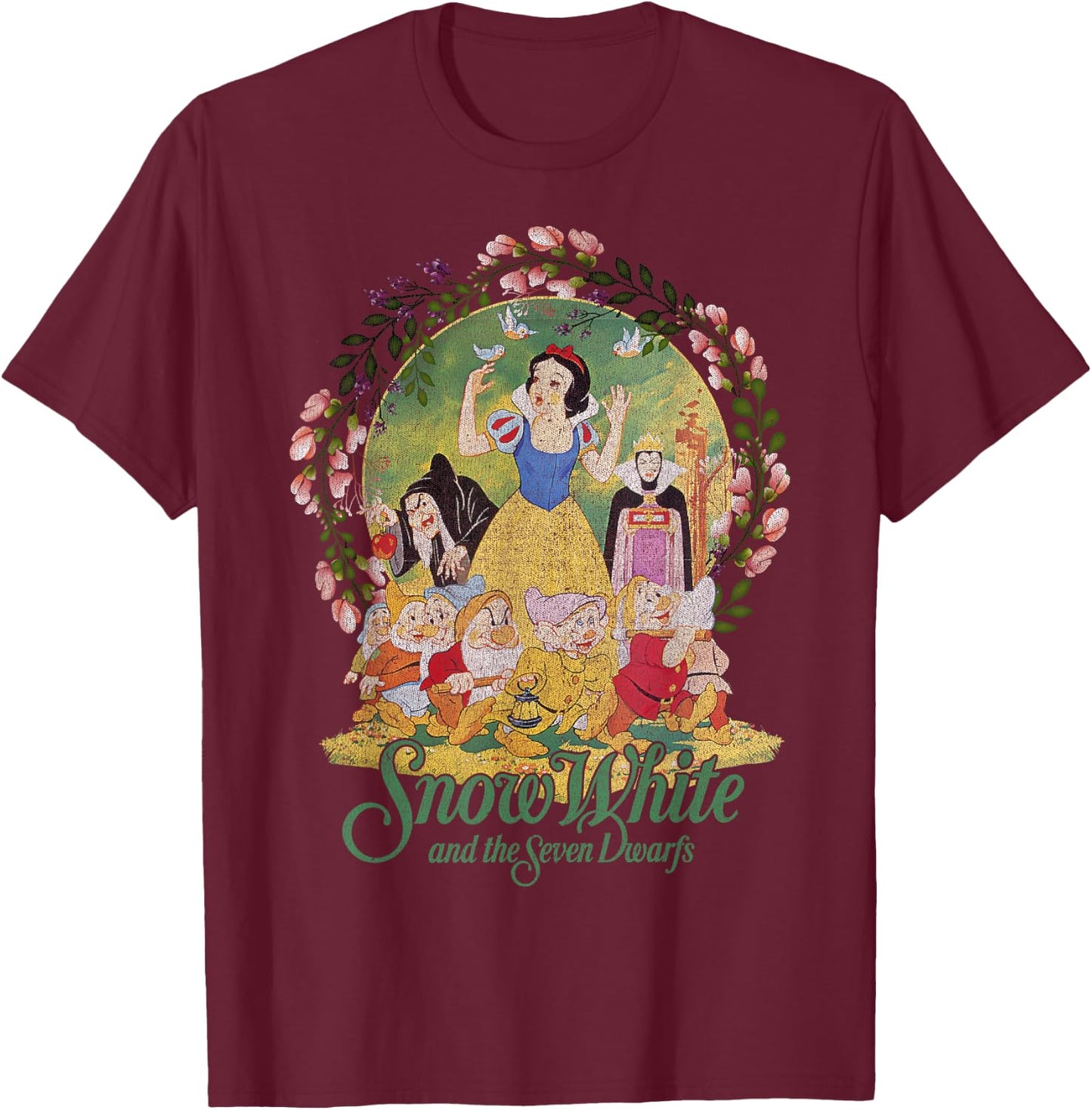 Disney Snow White Group Shot Classic Poster Floral Wreath T-Shirt - T-Shirt | Maroon